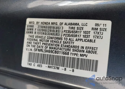 2012 Honda Odyssey Ex-L z USA, uszkodzony, nr VIN 5FNRL5H69CB011668